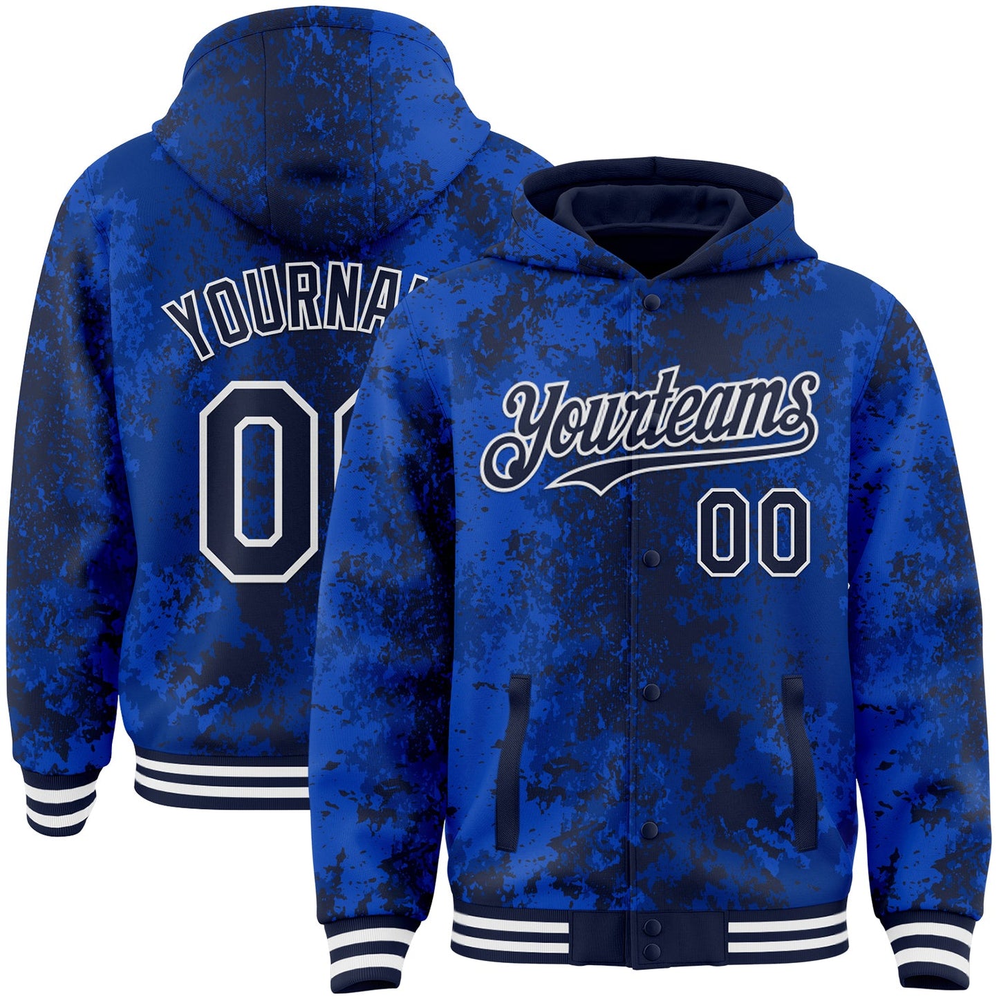 Custom Royal Navy-White 3D Pattern Design Bomber Full-Snap Varsity Letterman Hoodie Jacket - Main View