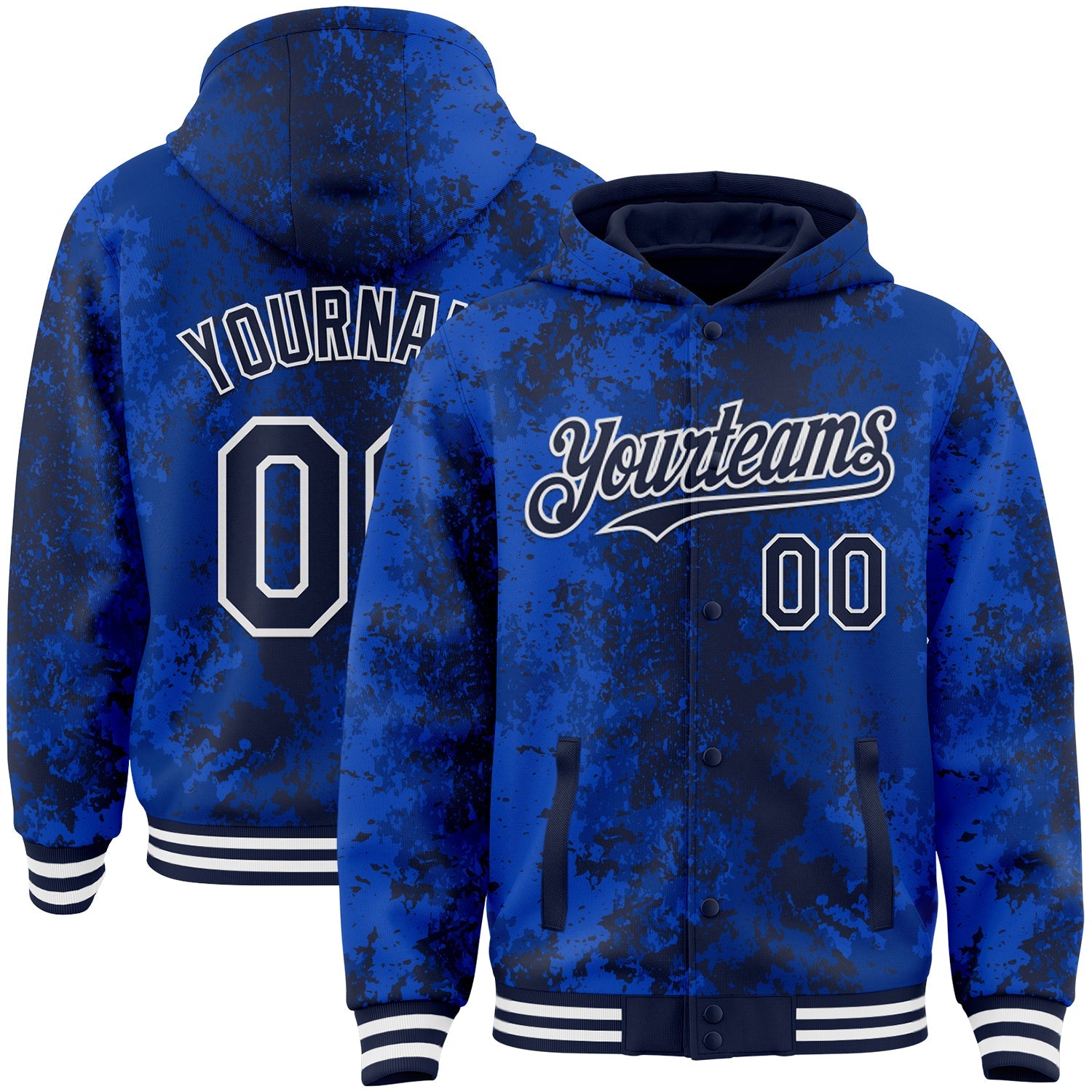 Custom Royal Navy-White 3D Pattern Design Bomber Full-Snap Varsity Letterman Hoodie Jacket - Main View