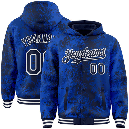 Custom Royal Navy-White 3D Pattern Design Bomber Full-Snap Varsity Letterman Hoodie Jacket - Main View