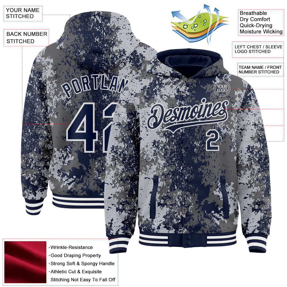 Custom Gray Navy-White 3D Pattern Design Bomber Full-Snap Varsity Letterman Hoodie Jacket view 4