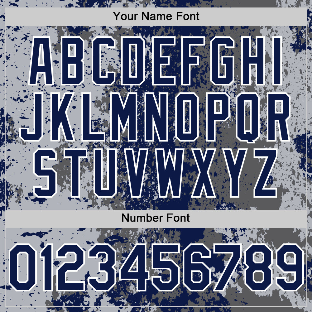 Custom Gray Navy-White 3D Pattern Design Bomber Full-Snap Varsity Letterman Hoodie Jacket view 6