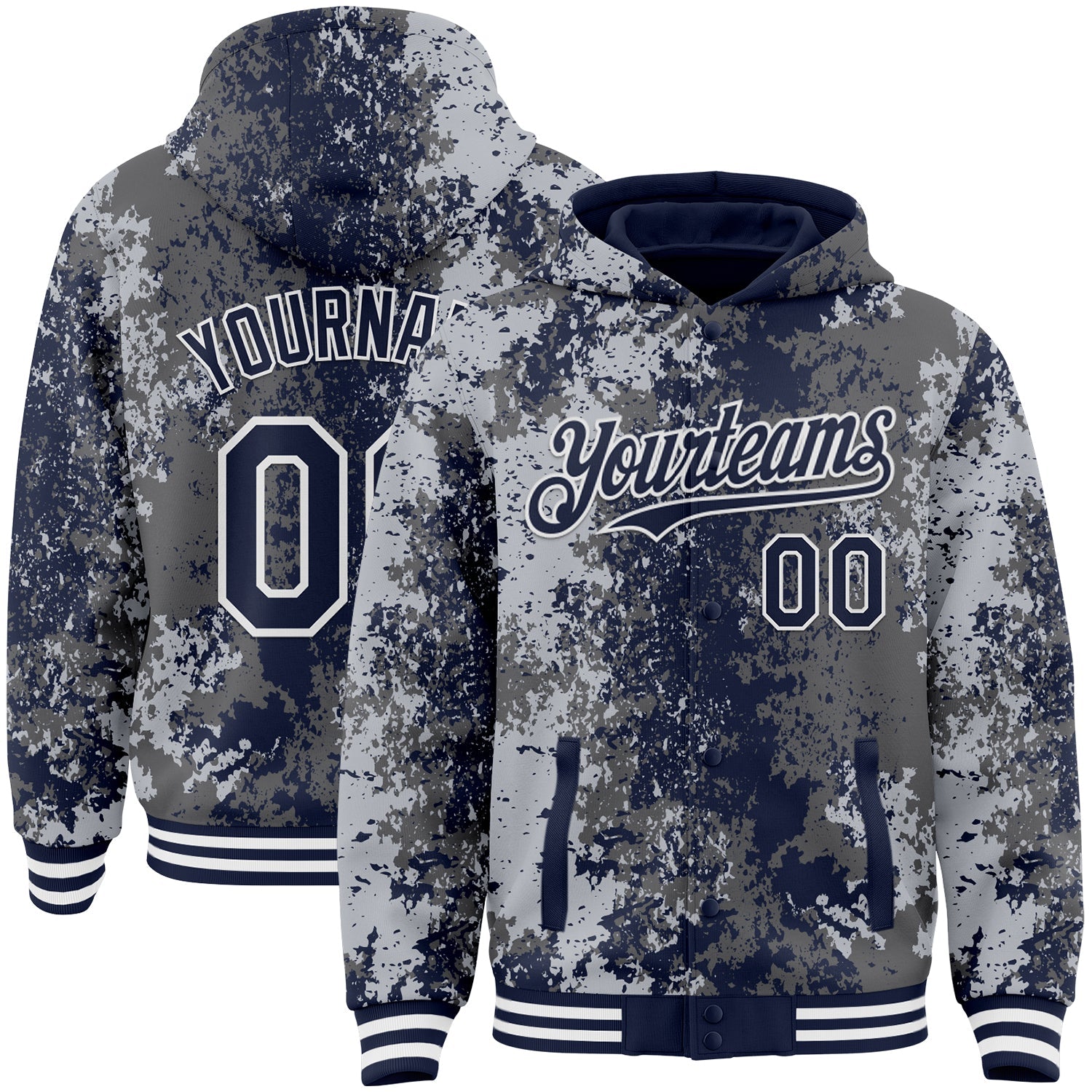 Custom Gray Navy-White 3D Pattern Design Bomber Full-Snap Varsity Letterman Hoodie Jacket - Main View