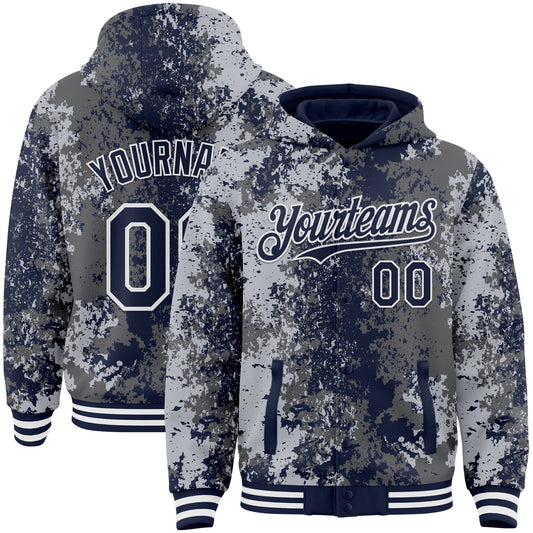 Custom Gray Navy-White 3D Pattern Design Bomber Full-Snap Varsity Letterman Hoodie Jacket - Main View