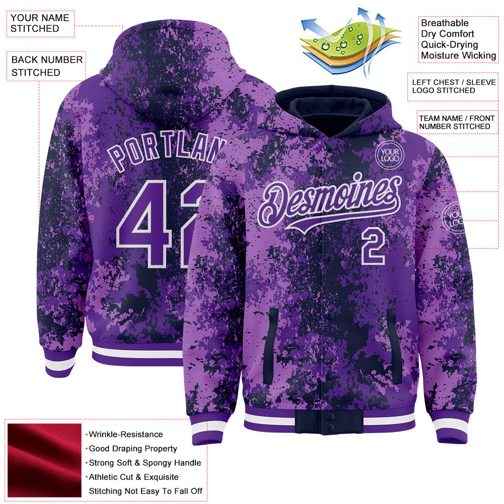 Custom Navy Purple-White 3D Pattern Design Bomber Full-Snap Varsity Letterman Hoodie Jacket view 4