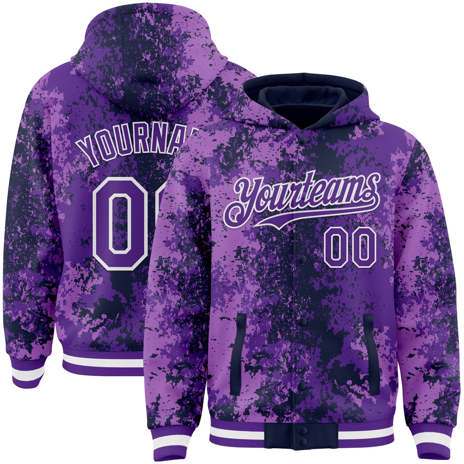 Custom Navy Purple-White 3D Pattern Design Bomber Full-Snap Varsity Letterman Hoodie Jacket - Main View