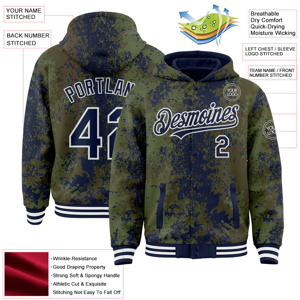Custom Olive Navy-White 3D Pattern Design Bomber Full-Snap Varsity Letterman Hoodie Jacket view 4