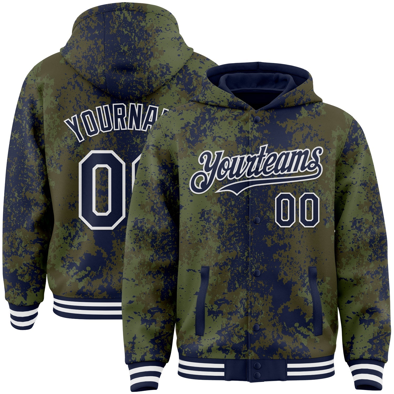 Custom Olive Navy-White 3D Pattern Design Bomber Full-Snap Varsity Letterman Hoodie Jacket - Main View