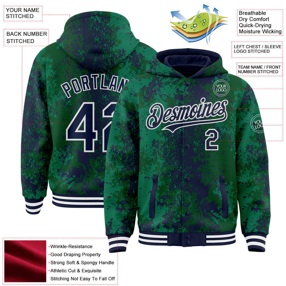 Custom Green Navy-White 3D Pattern Design Bomber Full-Snap Varsity Letterman Hoodie Jacket view 4