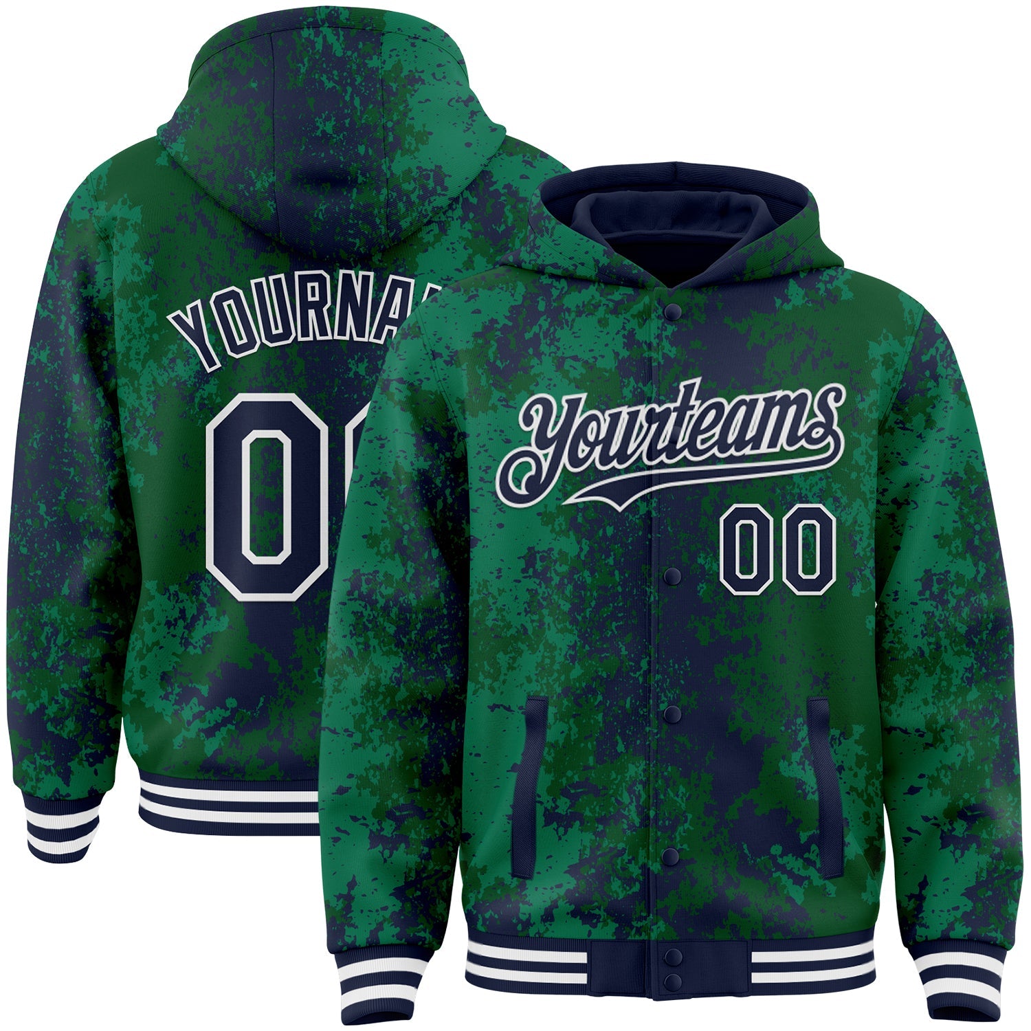 Custom Green Navy-White 3D Pattern Design Bomber Full-Snap Varsity Letterman Hoodie Jacket - Main View