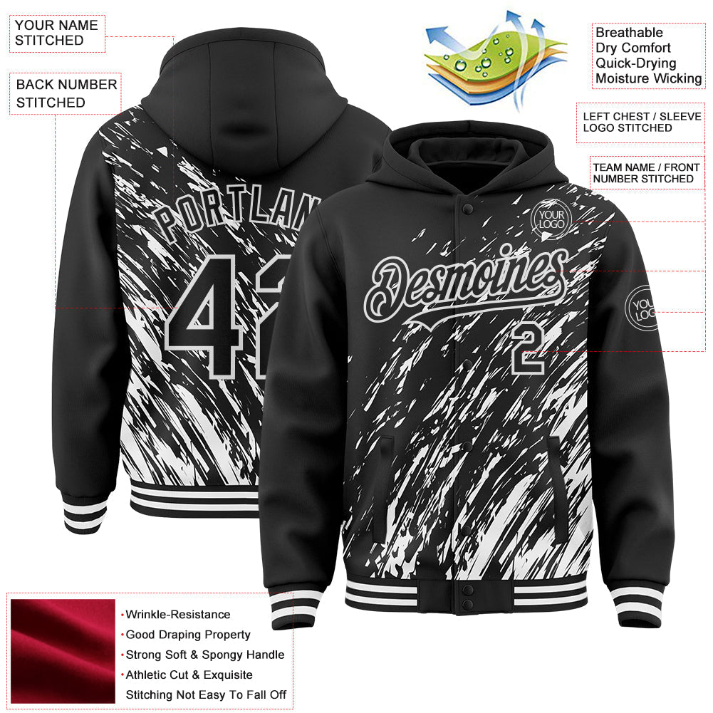 Custom Black Black-White 3D Pattern Design Bomber Full-Snap Varsity Letterman Hoodie Jacket view 4