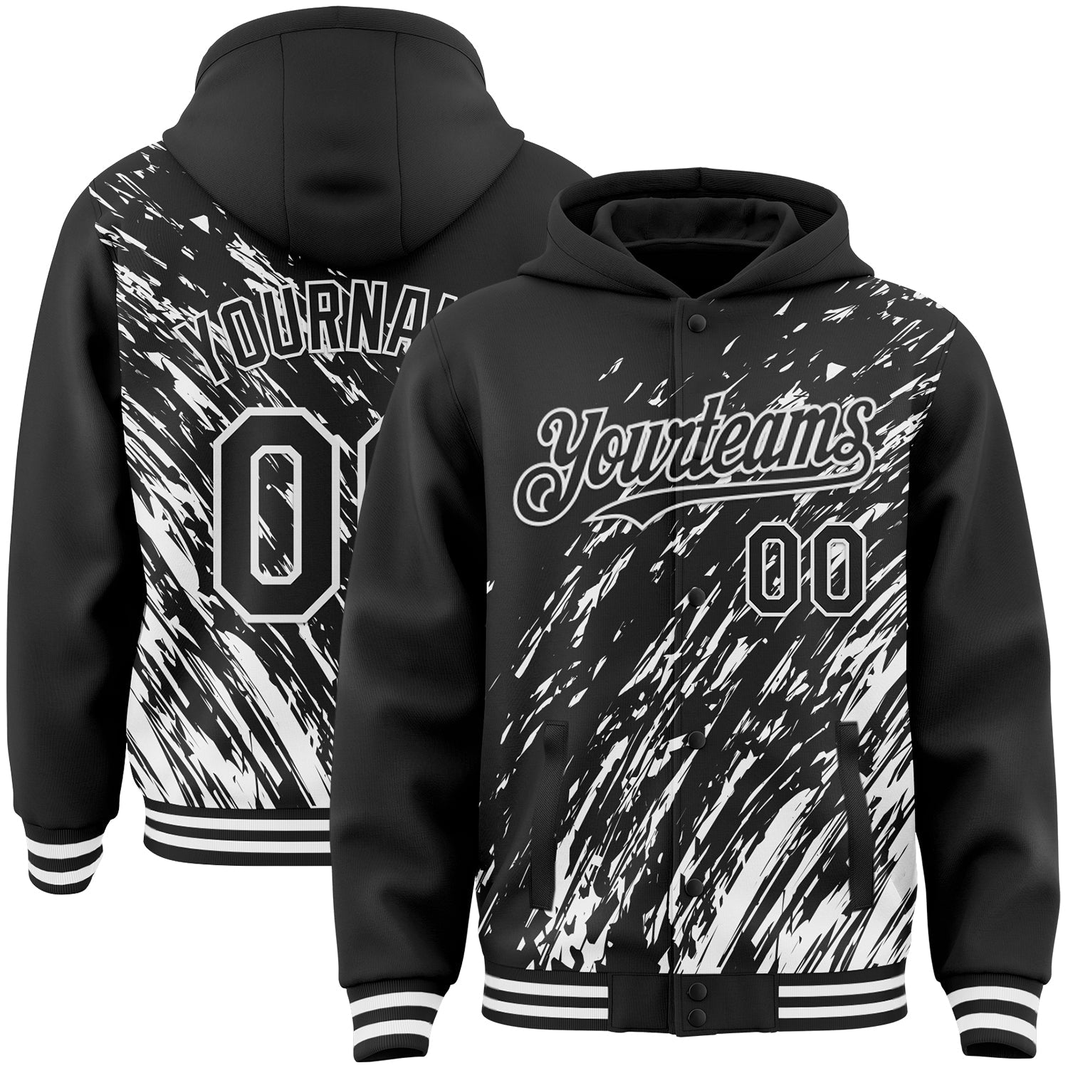 Custom Black Black-White 3D Pattern Design Bomber Full-Snap Varsity Letterman Hoodie Jacket - Main View