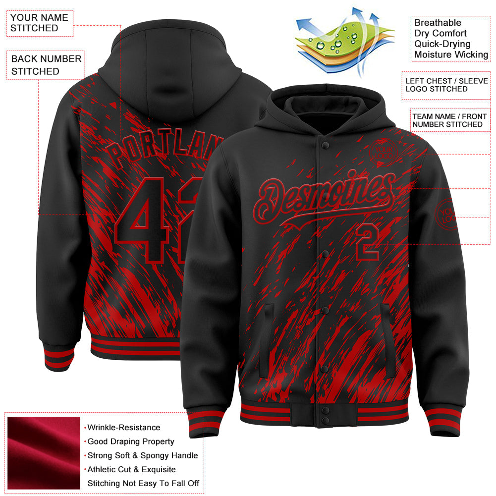 Custom Black Black-Red 3D Pattern Design Bomber Full-Snap Varsity Letterman Hoodie Jacket view 4