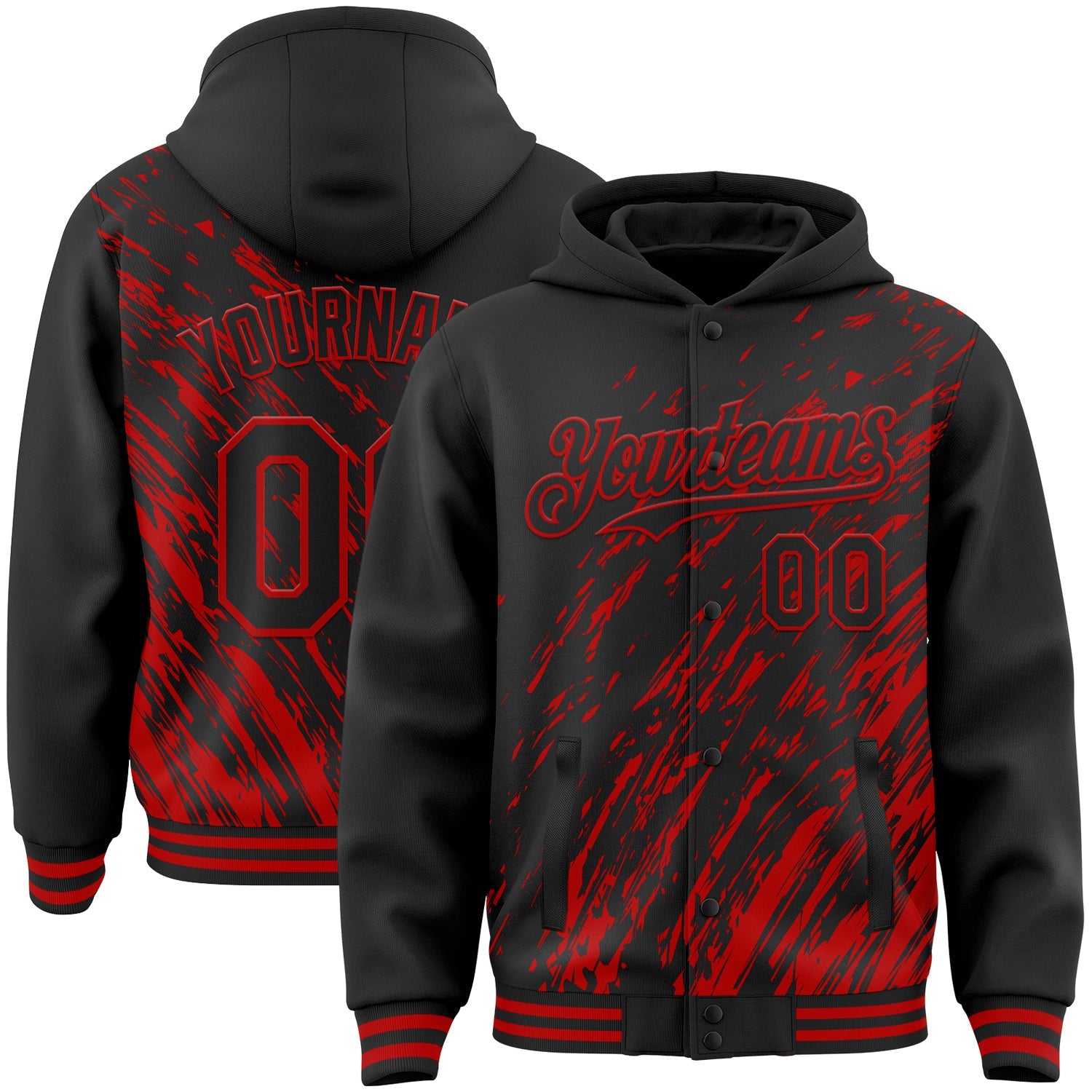 Custom Black Black-Red 3D Pattern Design Bomber Full-Snap Varsity Letterman Hoodie Jacket - Main View
