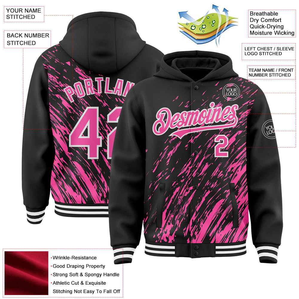 Custom Black Pink-White 3D Pattern Design Bomber Full-Snap Varsity Letterman Hoodie Jacket view 4