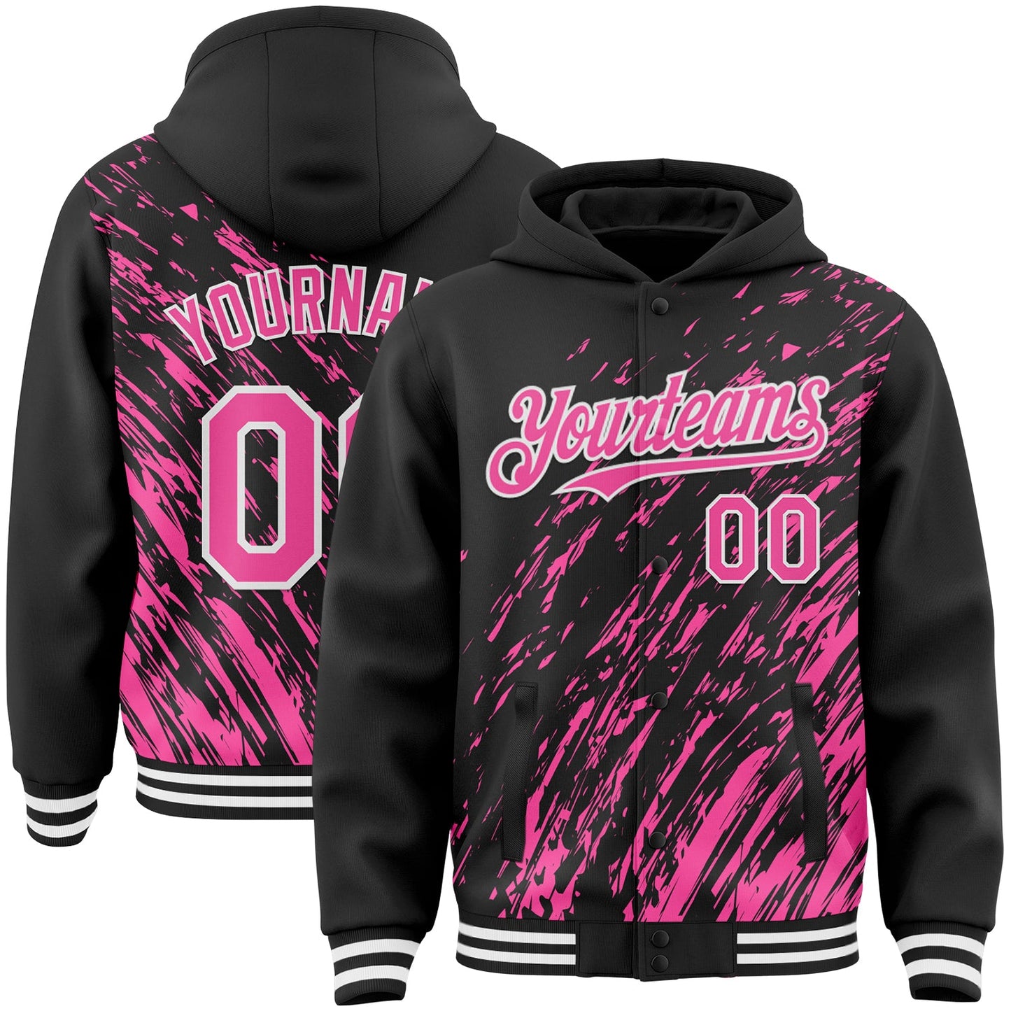 Custom Black Pink-White 3D Pattern Design Bomber Full-Snap Varsity Letterman Hoodie Jacket - Main View