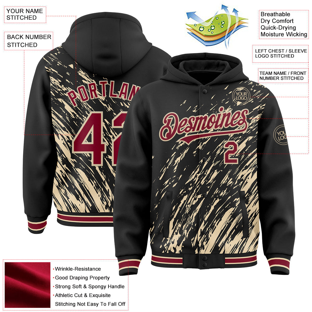 Custom Black Crimson-City Cream 3D Pattern Design Bomber Full-Snap Varsity Letterman Hoodie Jacket view 4