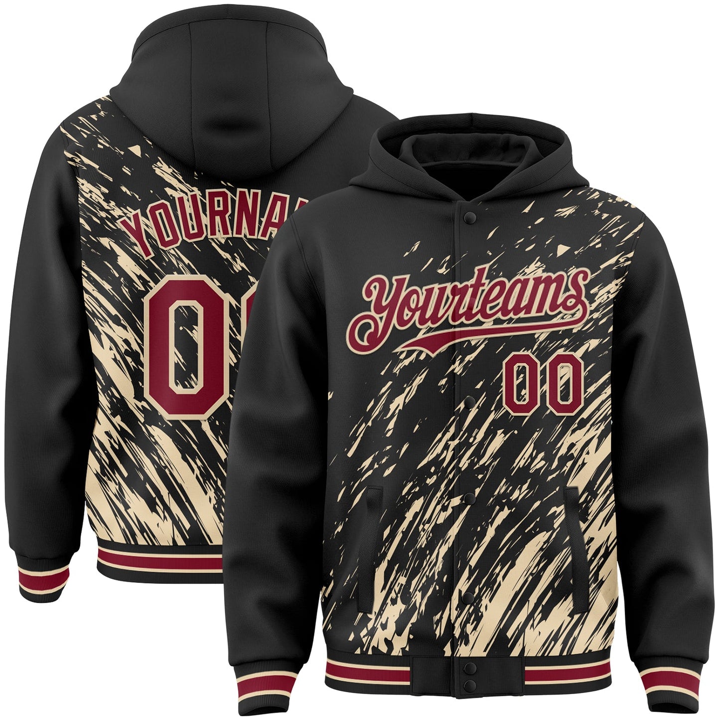 Custom Black Crimson-City Cream 3D Pattern Design Bomber Full-Snap Varsity Letterman Hoodie Jacket - Main View
