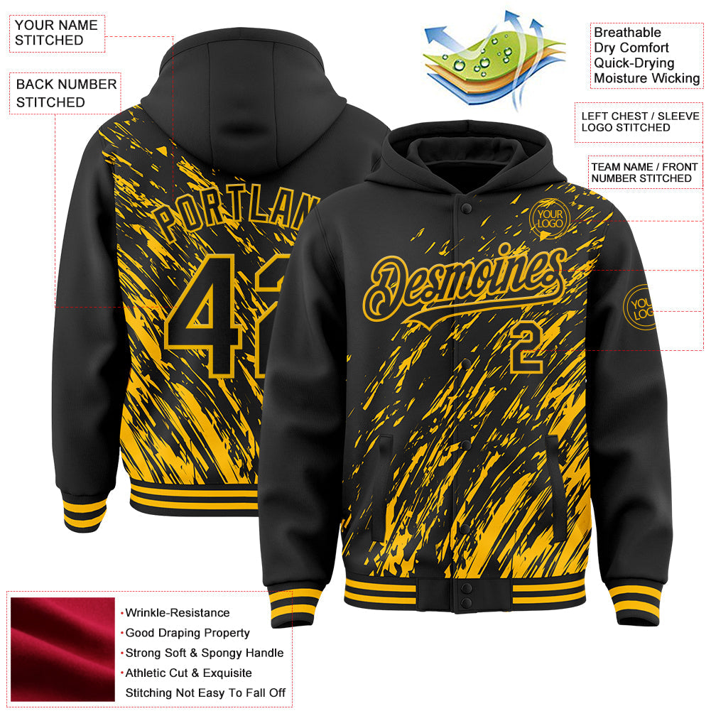 Custom Black Black-Gold 3D Pattern Design Bomber Full-Snap Varsity Letterman Hoodie Jacket view 4