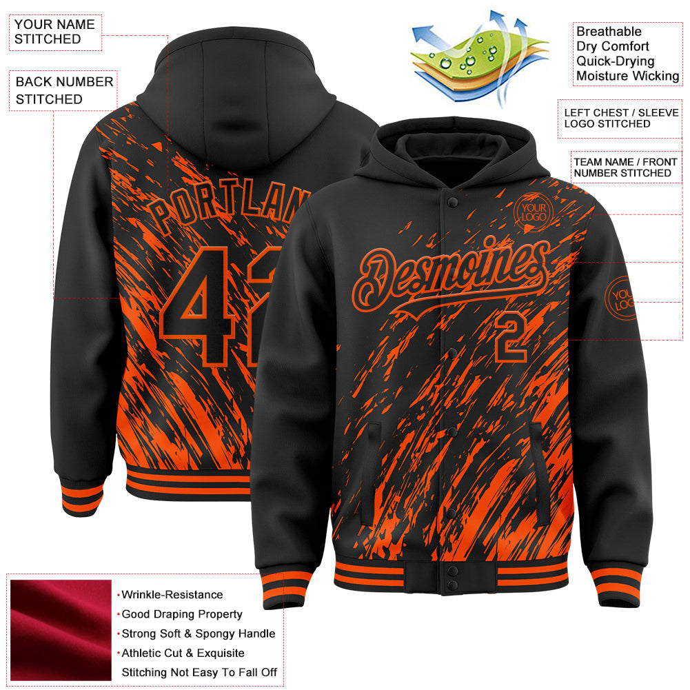 Custom Black Black-Orange 3D Pattern Design Bomber Full-Snap Varsity Letterman Hoodie Jacket view 4