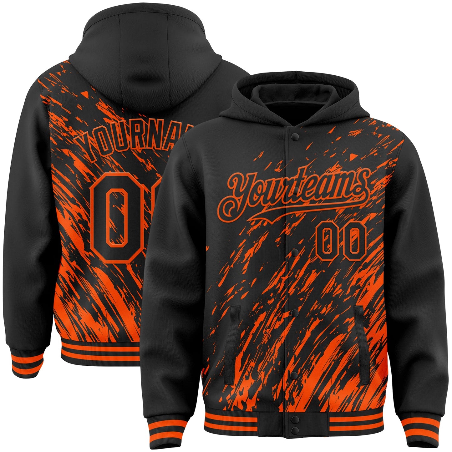Custom Black Black-Orange 3D Pattern Design Bomber Full-Snap Varsity Letterman Hoodie Jacket - Main View