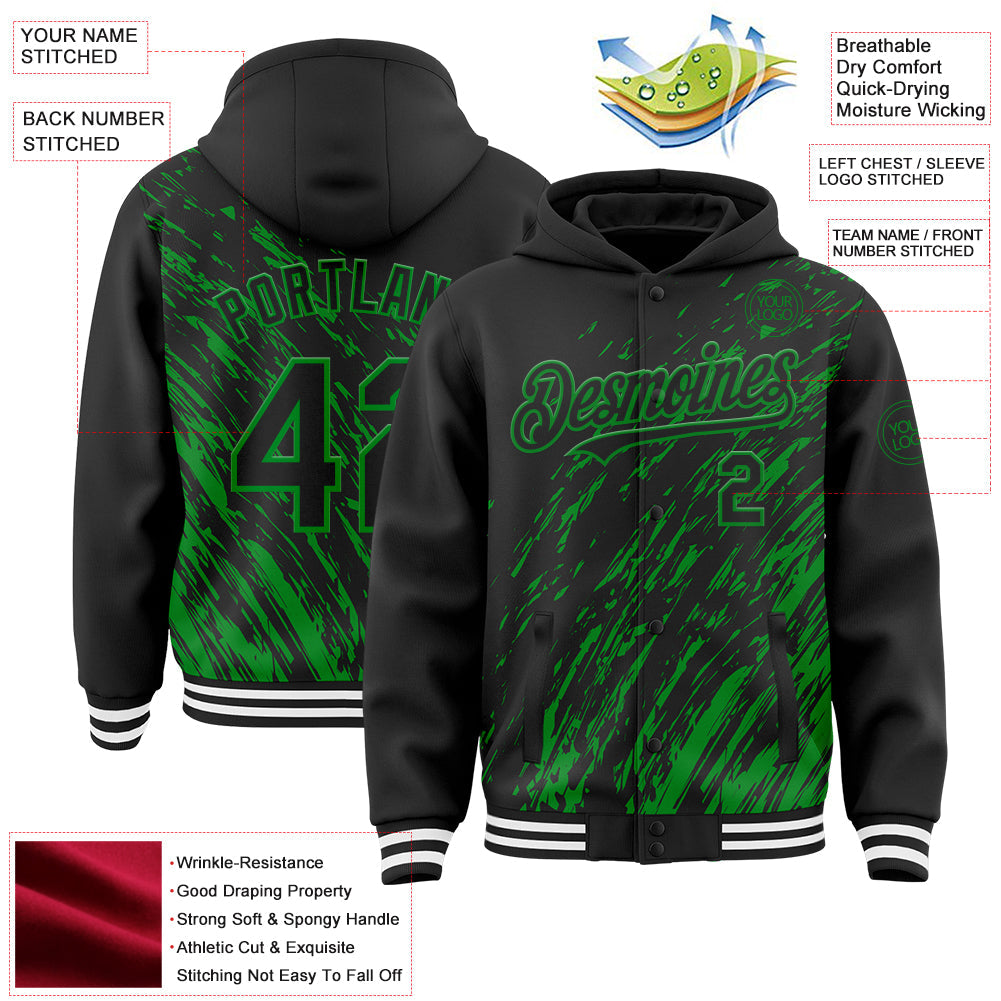 Custom Black Black-Grass Green 3D Pattern Design Bomber Full-Snap Varsity Letterman Hoodie Jacket view 4