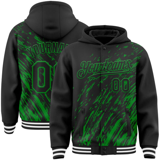 Custom Black Black-Grass Green 3D Pattern Design Bomber Full-Snap Varsity Letterman Hoodie Jacket - Main View