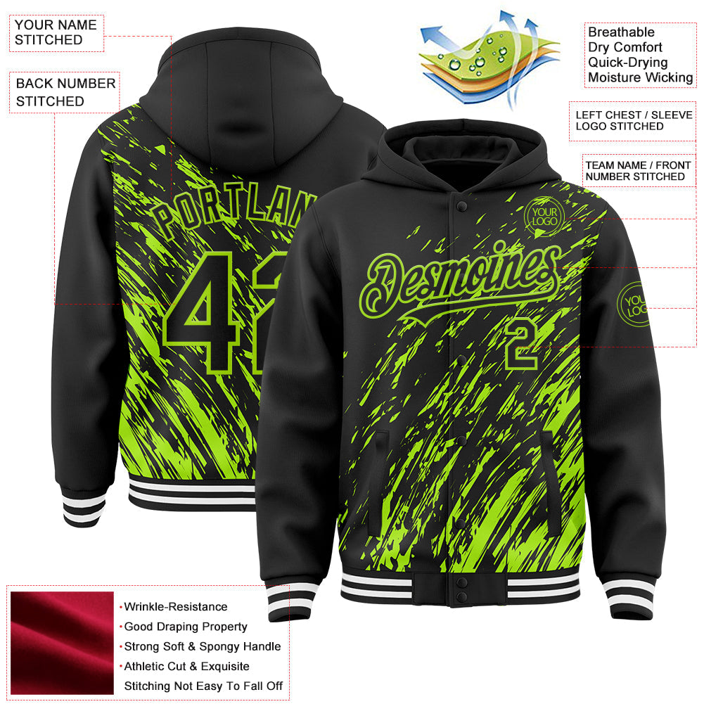 Custom Black Black-Neon Green 3D Pattern Design Bomber Full-Snap Varsity Letterman Hoodie Jacket view 4