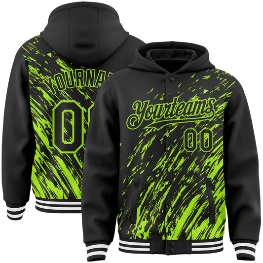 Custom Black Black-Neon Green 3D Pattern Design Bomber Full-Snap Varsity Letterman Hoodie Jacket - Main View
