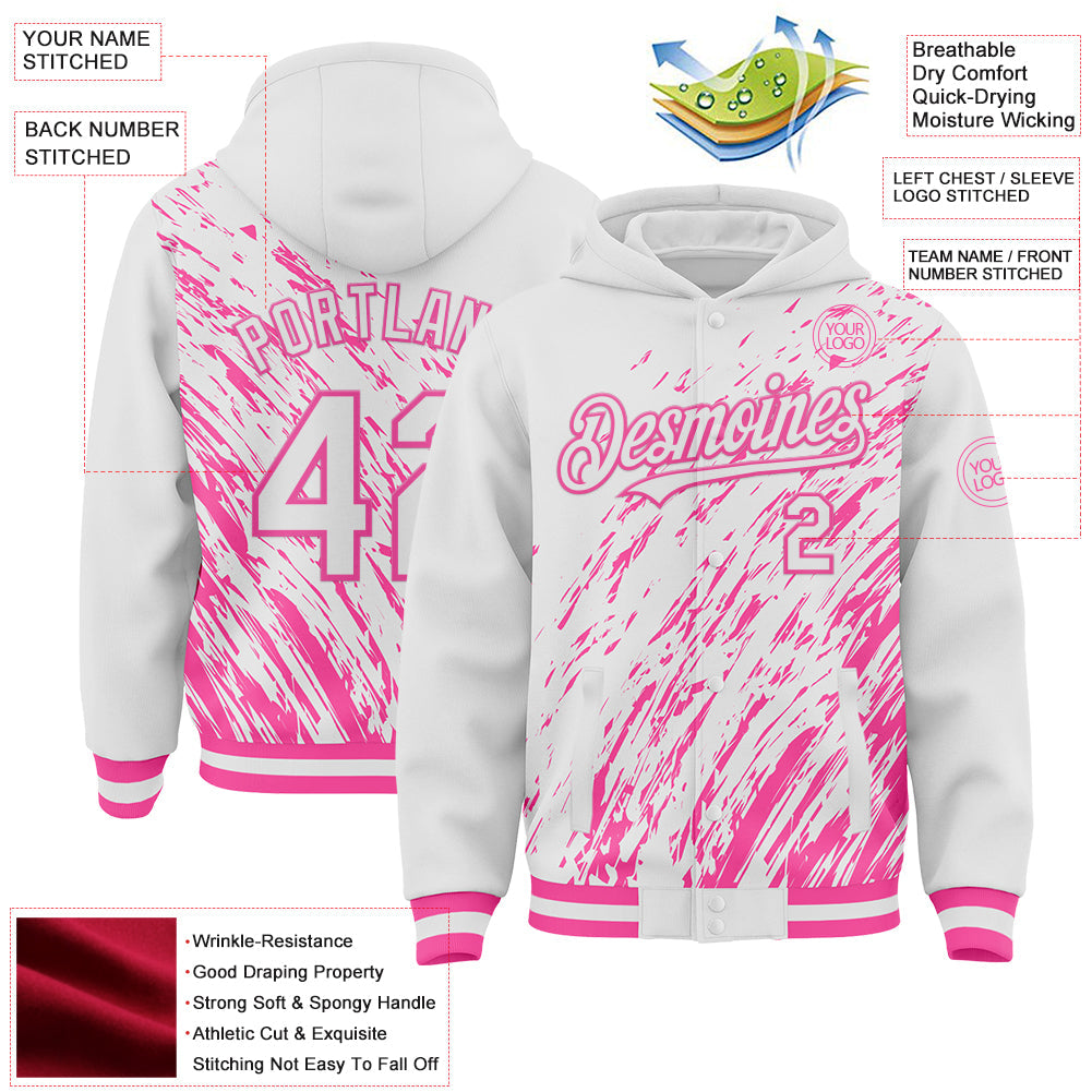 Custom White White-Pink 3D Pattern Design Bomber Full-Snap Varsity Letterman Hoodie Jacket view 4