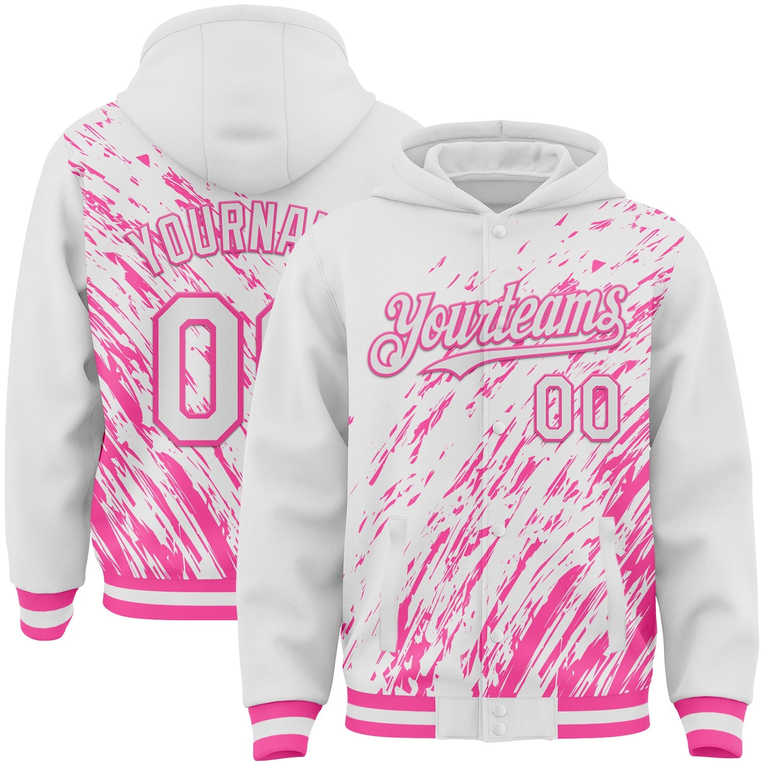 Custom White White-Pink 3D Pattern Design Bomber Full-Snap Varsity Letterman Hoodie Jacket - Main View