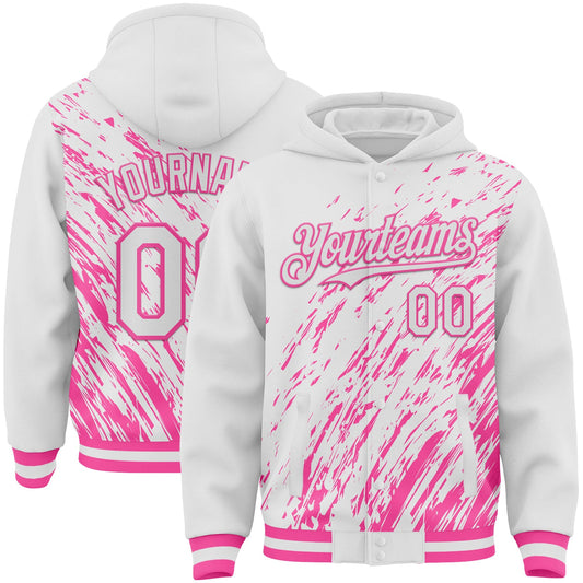 Custom White White-Pink 3D Pattern Design Bomber Full-Snap Varsity Letterman Hoodie Jacket - Main View