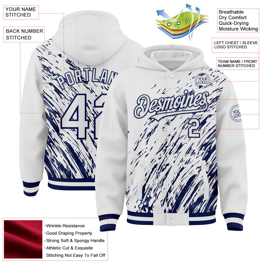 Custom White White-Navy 3D Pattern Design Bomber Full-Snap Varsity Letterman Hoodie Jacket view 4