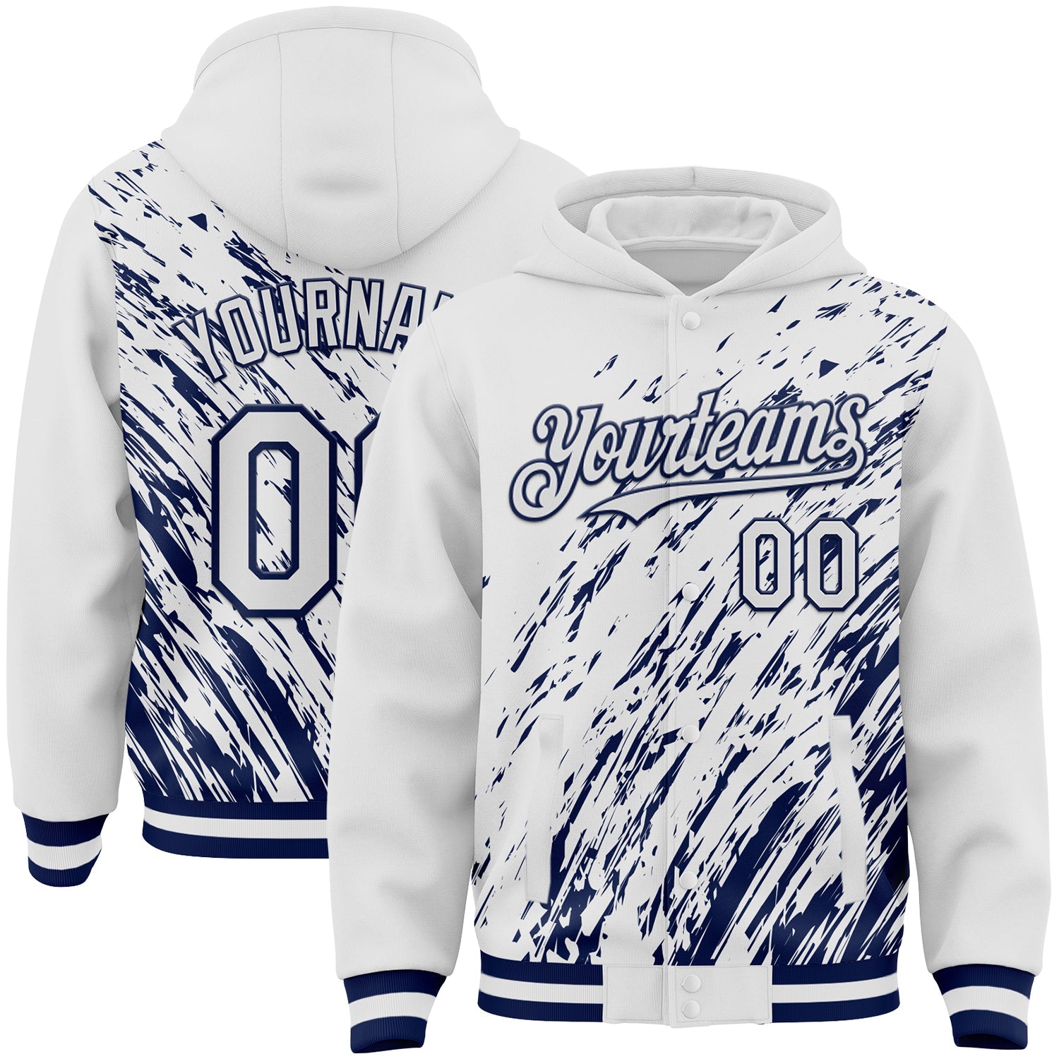 Custom White White-Navy 3D Pattern Design Bomber Full-Snap Varsity Letterman Hoodie Jacket - Main View