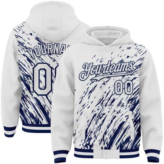 Custom White White-Navy 3D Pattern Design Bomber Full-Snap Varsity Letterman Hoodie Jacket - Main View