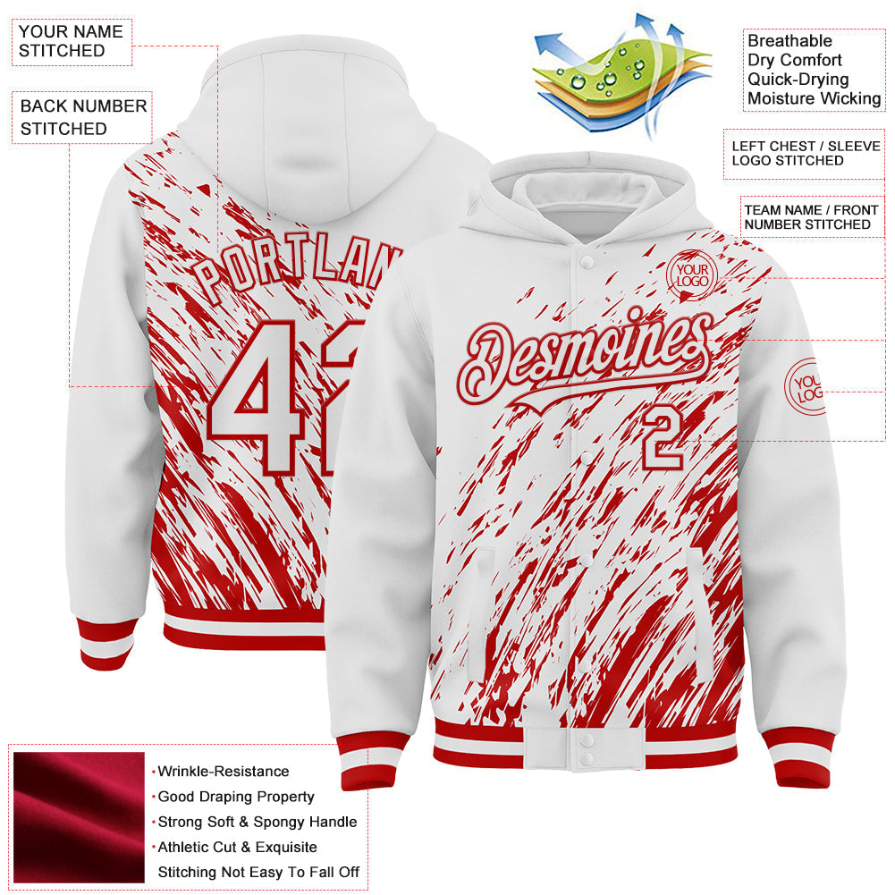 Custom White White-Red 3D Pattern Design Bomber Full-Snap Varsity Letterman Hoodie Jacket view 4