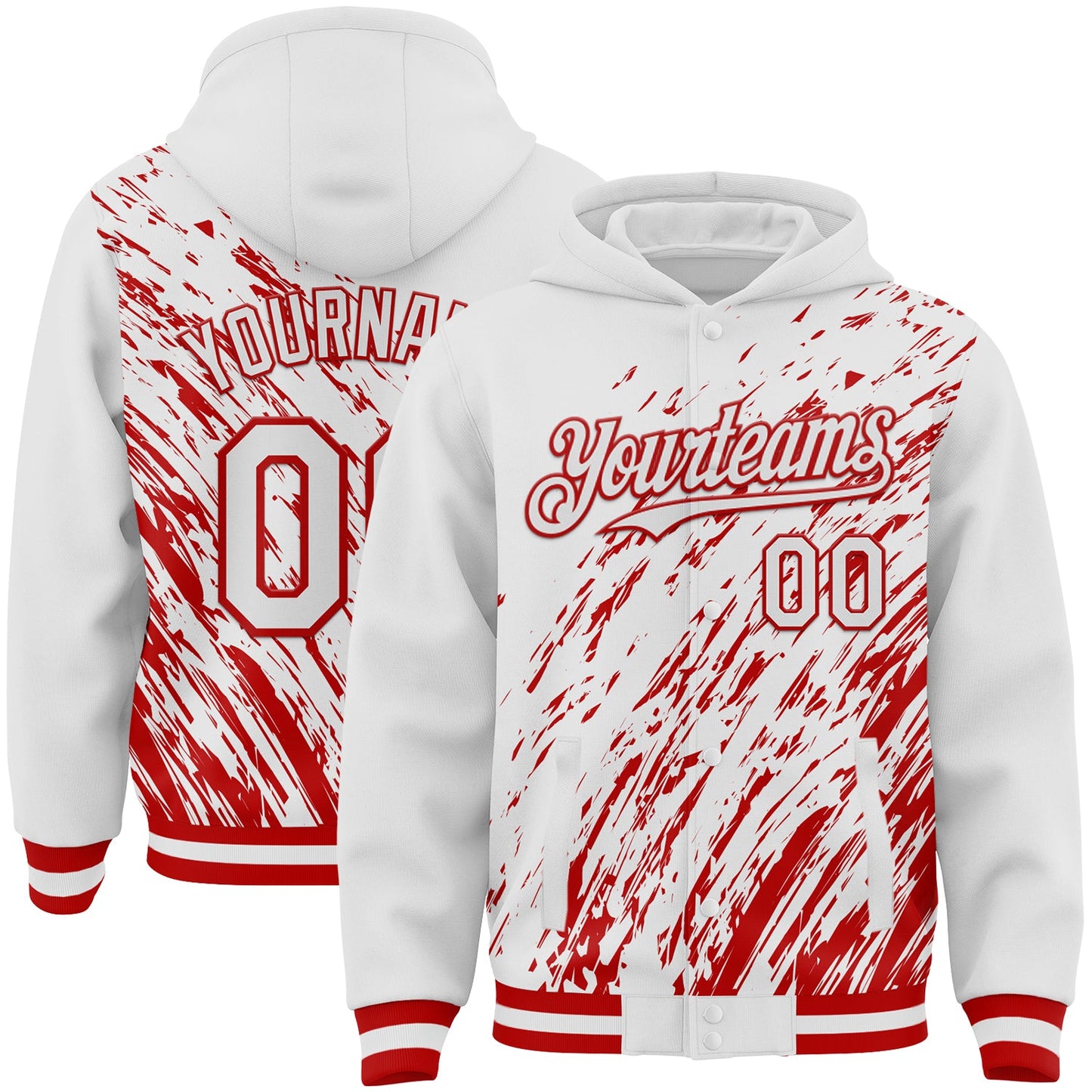 Custom White White-Red 3D Pattern Design Bomber Full-Snap Varsity Letterman Hoodie Jacket - Main View