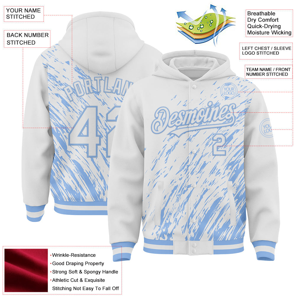 Custom White White-Light Blue 3D Pattern Design Bomber Full-Snap Varsity Letterman Hoodie Jacket view 4