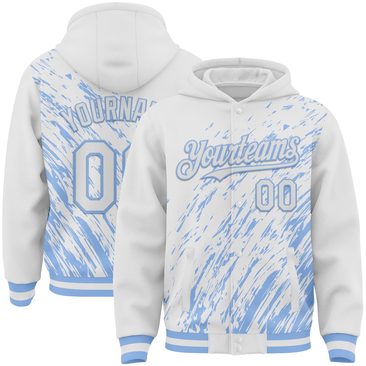 Custom White White-Light Blue 3D Pattern Design Bomber Full-Snap Varsity Letterman Hoodie Jacket - Main View