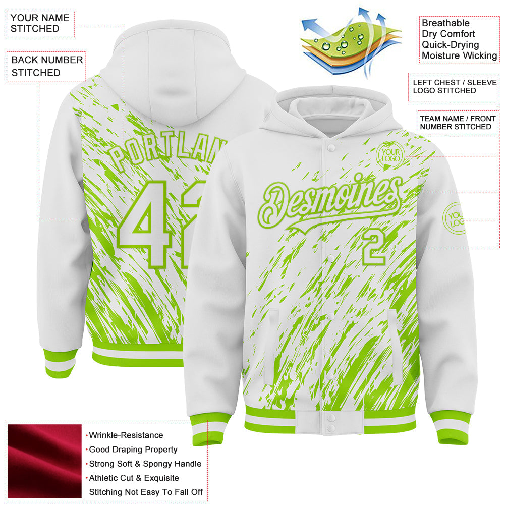 Custom White White-Neon Green 3D Pattern Design Bomber Full-Snap Varsity Letterman Hoodie Jacket view 4