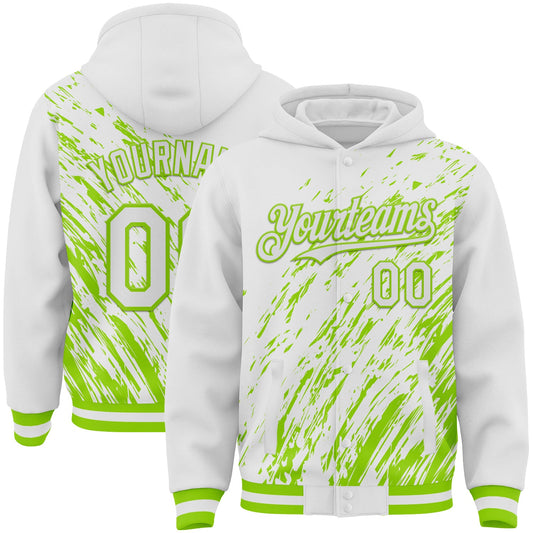 Custom White White-Neon Green 3D Pattern Design Bomber Full-Snap Varsity Letterman Hoodie Jacket - Main View