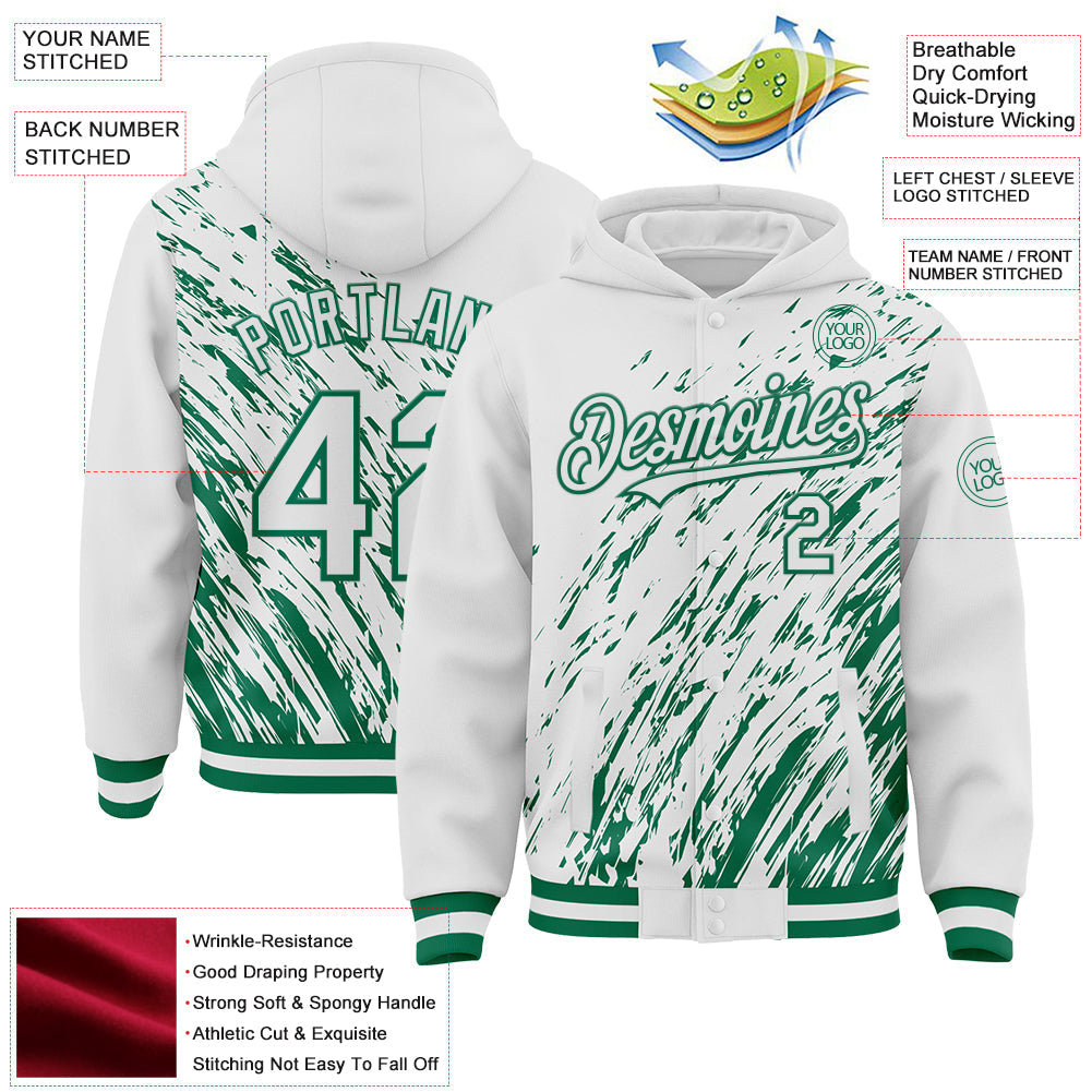 Custom White White-Kelly Green 3D Pattern Design Bomber Full-Snap Varsity Letterman Hoodie Jacket view 4