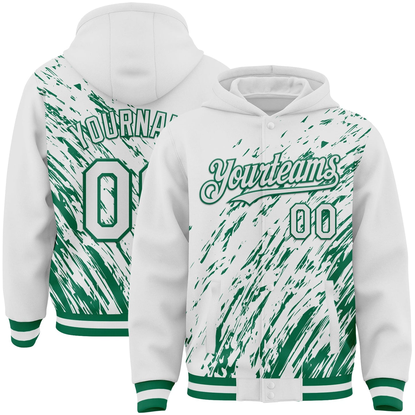 Custom White White-Kelly Green 3D Pattern Design Bomber Full-Snap Varsity Letterman Hoodie Jacket - Main View