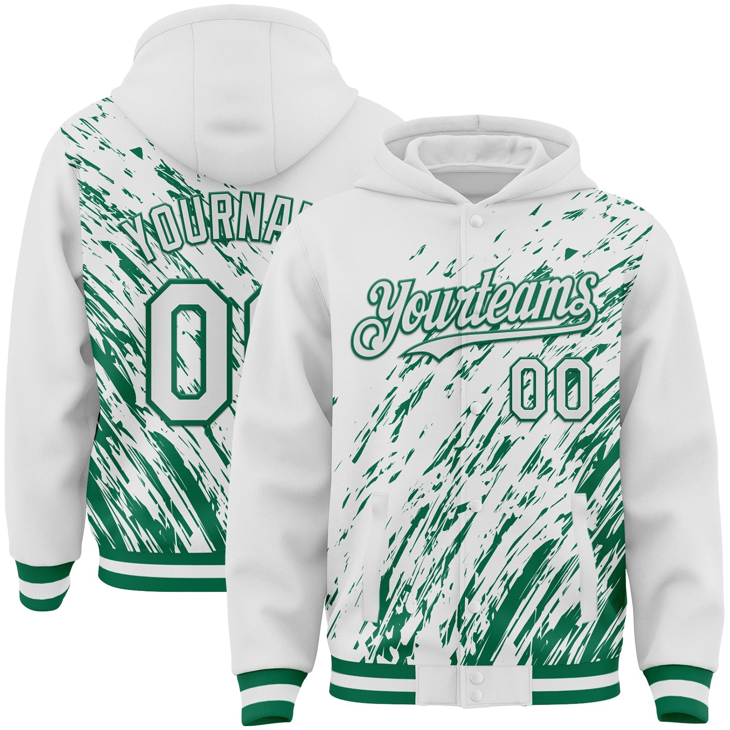 Custom White White-Kelly Green 3D Pattern Design Bomber Full-Snap Varsity Letterman Hoodie Jacket - Main View