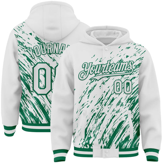 Custom White White-Kelly Green 3D Pattern Design Bomber Full-Snap Varsity Letterman Hoodie Jacket - Main View