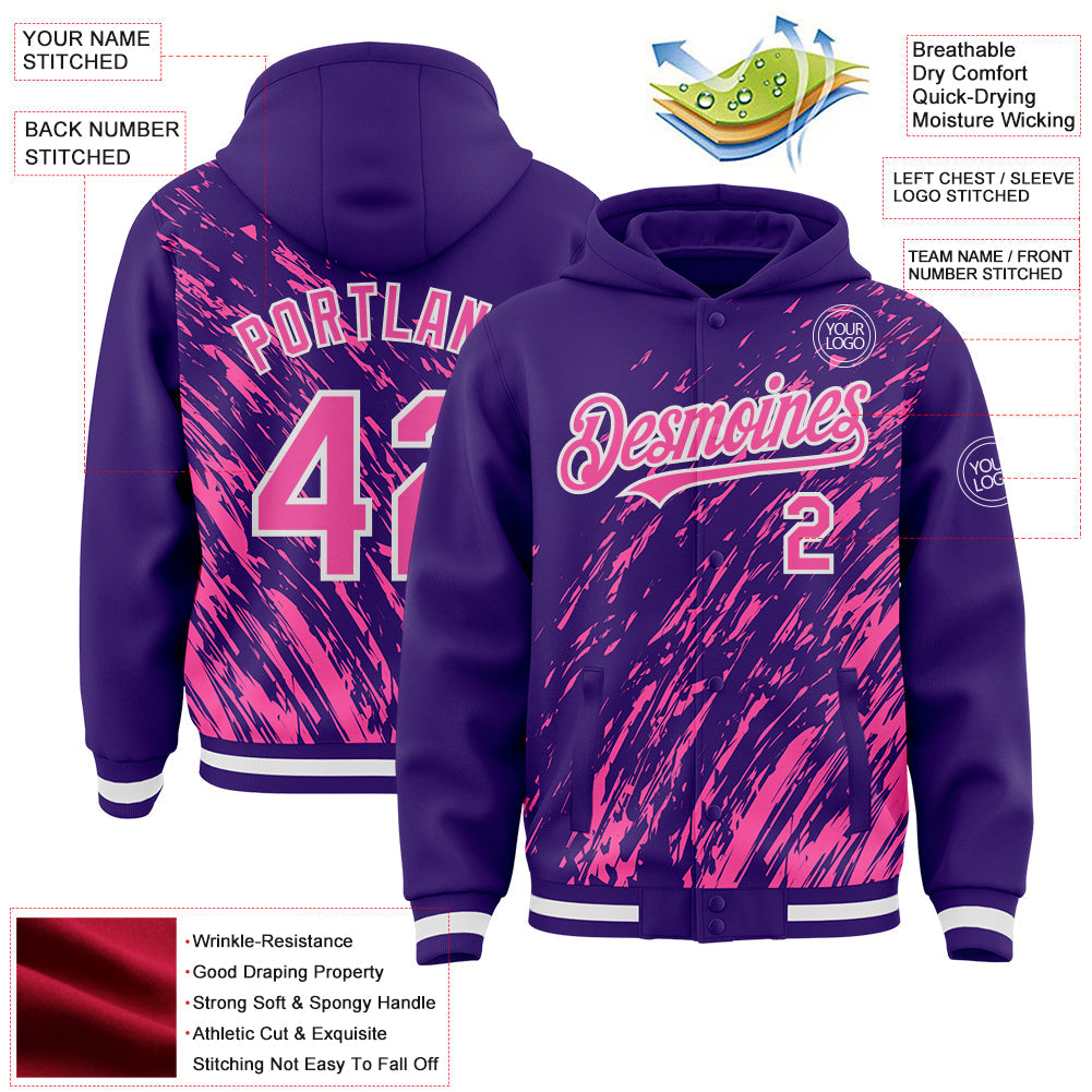 Custom Purple Pink-White 3D Pattern Design Bomber Full-Snap Varsity Letterman Hoodie Jacket view 4