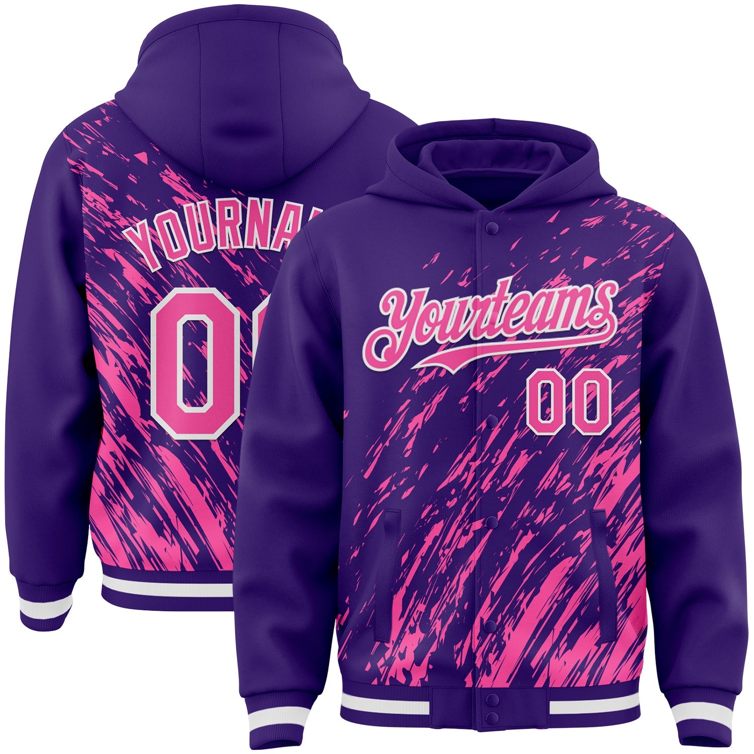 Custom Purple Pink-White 3D Pattern Design Bomber Full-Snap Varsity Letterman Hoodie Jacket - Main View