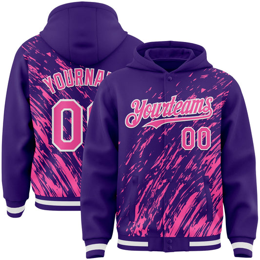 Custom Purple Pink-White 3D Pattern Design Bomber Full-Snap Varsity Letterman Hoodie Jacket - Main View