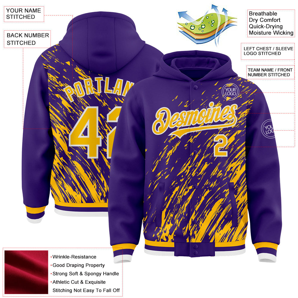 Custom Purple Gold-White 3D Pattern Design Bomber Full-Snap Varsity Letterman Hoodie Jacket view 4