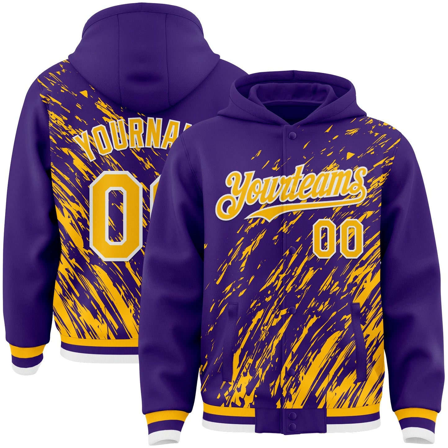 Custom Purple Gold-White 3D Pattern Design Bomber Full-Snap Varsity Letterman Hoodie Jacket - Main View
