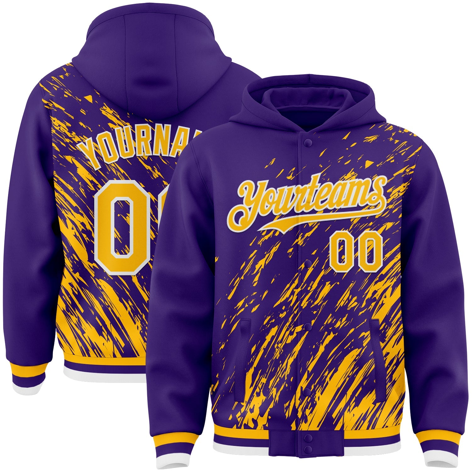 Custom Purple Gold-White 3D Pattern Design Bomber Full-Snap Varsity Letterman Hoodie Jacket - Main View